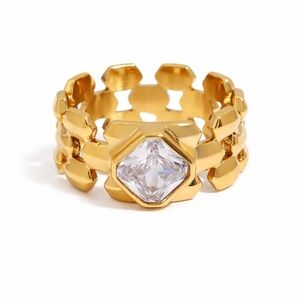 Gold Chain Ring with Clear Stone
